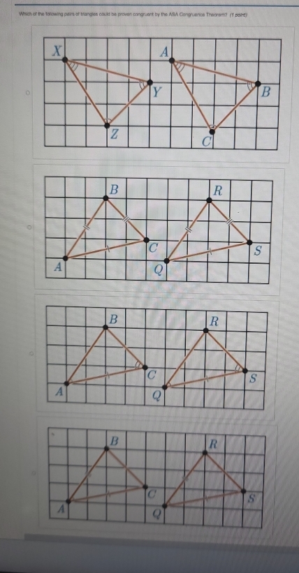 Which of the following pairs of triangles could be proven congruent by the ASA Congruence Theorem? (f paint)