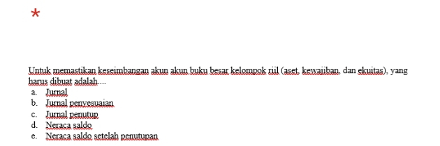 Untuk memastikan keseimbangan akun akun buku besar kelompok riil (aset, kewaiiban, dan ekuitas), yang
harus dibuat adalah ...
a. Jurnal
b. Jurnal penyesuaian
c. Jurnal penutup
d. Neraca saldo
e. Neraca saldo setelah penutupan