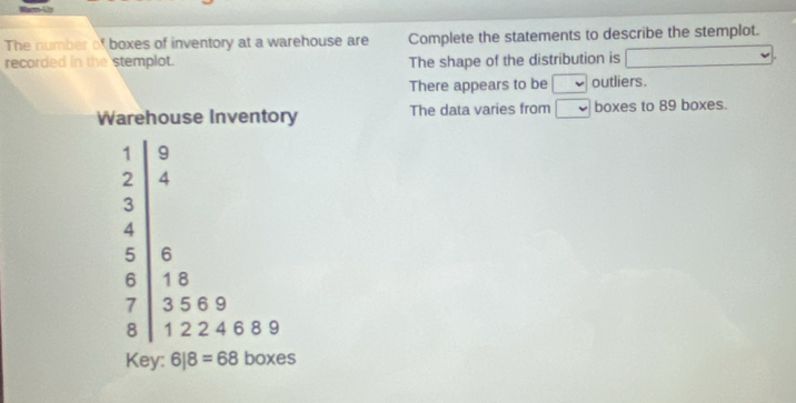 The number of boxes of inventory at a warehouse are Complete the statements to describe the stemplot. 
recorded in the stemplot. The shape of the distribution is □
There appears to be □ outliers. 
Warehouse Inventory The data varies from □ boxes to 89 boxes.
beginvmatrix 1 3 3 4 5 1&1 7 7endvmatrix beginarrayr 6 1 1 3endarray 8
56 9
8 1 2 2 4 6 89
Key: 6|8=68 boxes