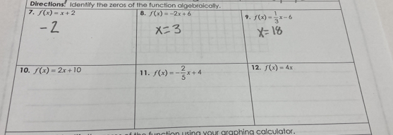 Directions: Identify the zeros of the function algebraically.
ation   rin a v our araphina calculator.