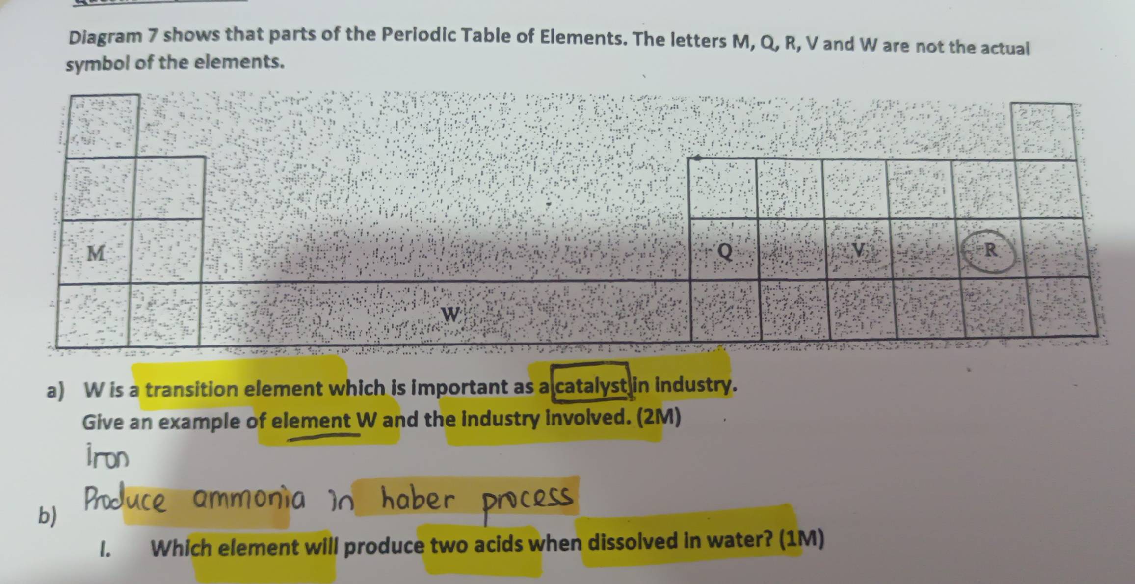 Diagram 7 shows that parts of the Periodic Table of Elements. The letters M, Q, R, V and W are not the actual 
symbol of the elements. 
a) W is a transition element which is important as a catalyst in industry. 
Give an example of element W and the industry involved. (2M) 
b) 
l. Which element will produce two acids when dissolved in water? (1M)