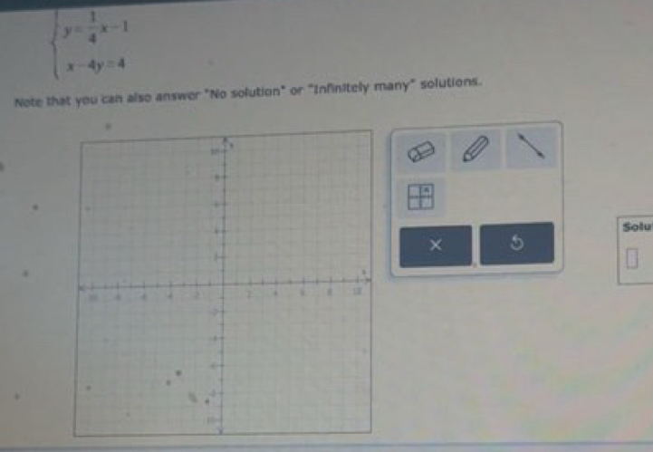 beginarrayl y= 1/4 x-1 x-4y=4endarray.
Note that you can also answer "No solution" or "Infinitely many" solutions. 
.
 15/18 
Solu 
× 5