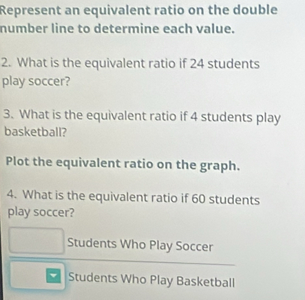 Represent an equivalent ratio on the double 
number line to determine each value. 
2. What is the equivalent ratio if 24 students 
play soccer? 
3. What is the equivalent ratio if 4 students play 
basketball? 
Plot the equivalent ratio on the graph. 
4. What is the equivalent ratio if 60 students 
play soccer? 
Students Who Play Soccer 
Students Who Play Basketball