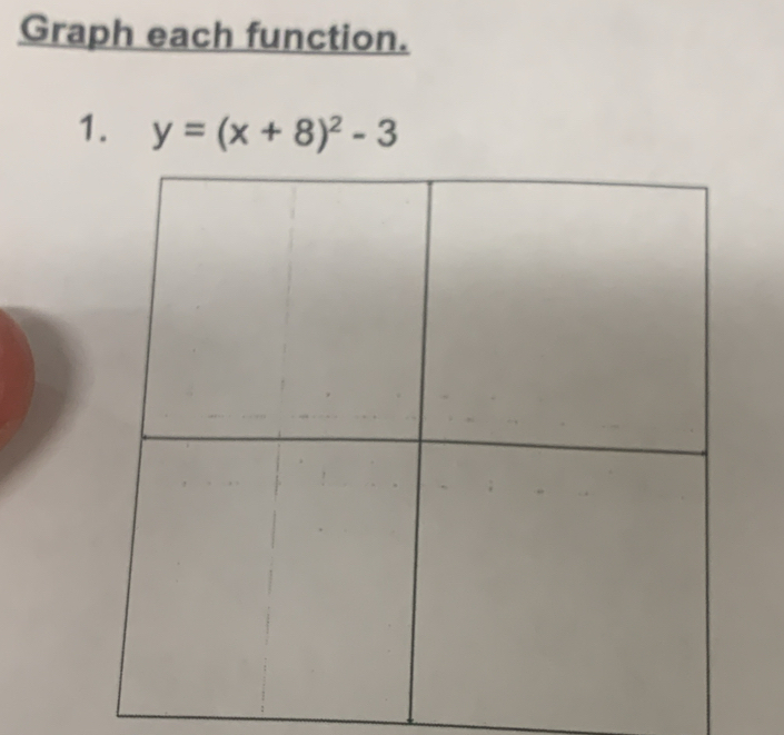 Graph each function. 
1. y=(x+8)^2-3