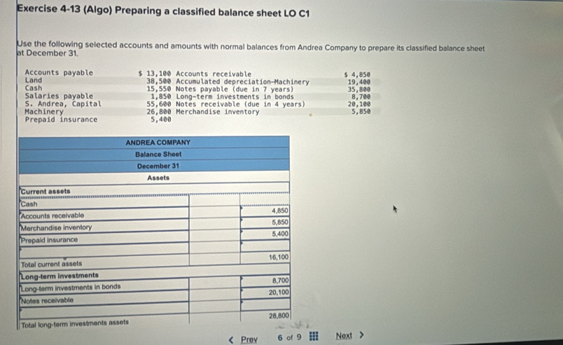 (Algo) Preparing a classified balance sheet LO C1 
Use the following selected accounts and amounts with normal balances from Andrea Company to prepare its classified balance sheet 
at December 31. 
Accounts payable $ 13,100 Accounts receivable 
Land 38,500 Accumulated depreciation-Machinery $ 4,850 19,400
Cash 15,550 Notes payable (due in 7 years) 
Salaries payable 1,850 Long-term investments in bonds 20,100 35,800 8,700
S. Andrea, Capital 55,600 Notes receivable (due in 4 years) 
Machinery 26,800 Merchandise inventory 5,850
Prepaid insurance 5,400
Prev 6 of 9 | Next >