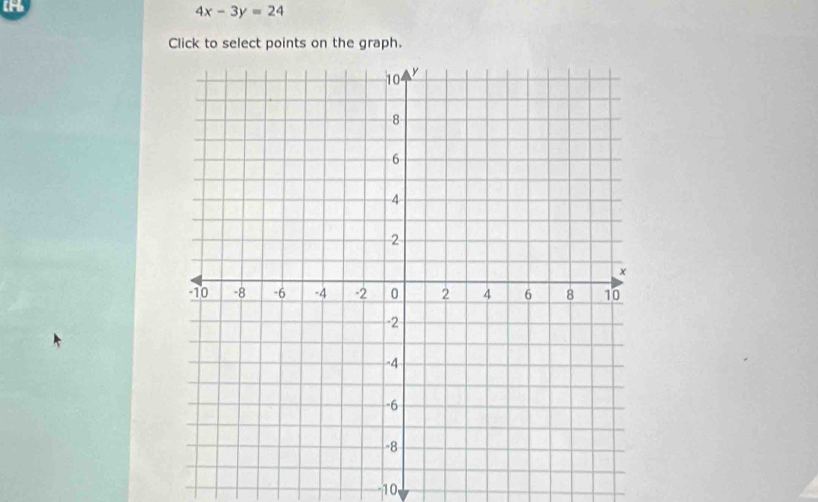 [H
4x-3y=24
Click to select points on the graph.
10