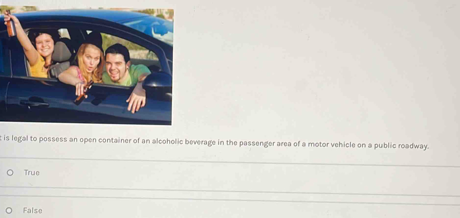 is legal to possess an open container of an alcoholic beverage in the passenger area of a motor vehicle on a public roadway.
True
False