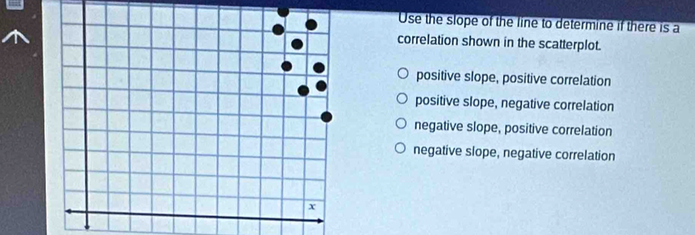 Use the slope of the line to determine if there is a
correlation shown in the scatterplot.
positive slope, positive correlation
positive slope, negative correlation
negative slope, positive correlation
negative slope, negative correlation