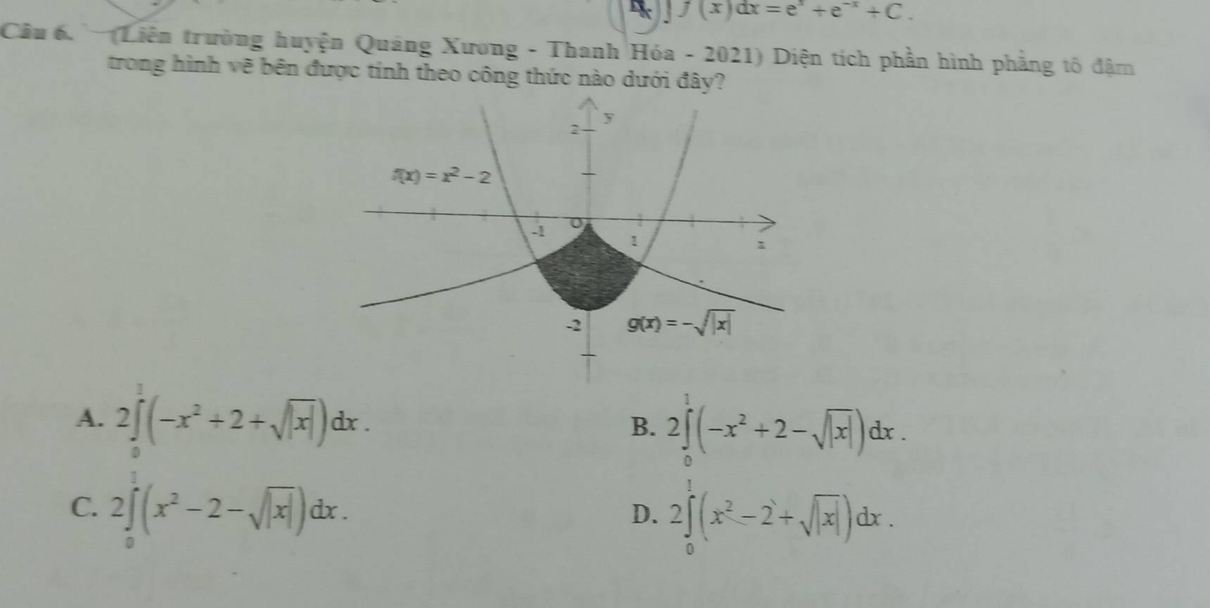 J(x)dx=e^x+e^(-x)+C.
Câu 6. ' (Liên trường huyện Quảng Xương - Thanh Hóa - 2021) Diện tích phần hình phẳng tô đậm
trong hình vẽ bên được tính theo công thức nào dưới đây?
A. 2∈tlimits _0^(1(-x^2)+2+sqrt(|x|))dx.
B. 2∈tlimits _0^(1(-x^2)+2-sqrt(|x|))dx.
C. 2∈tlimits _0^(1(x^2)-2-sqrt(|x|))dx.
D. 2∈tlimits _0^(1(x^2)-2+sqrt(|x|))dx.