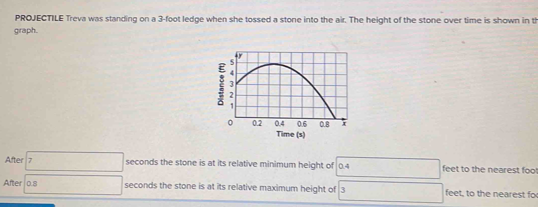 PROJECTILE Treva was standing on a 3-foot ledge when she tossed a stone into the air. The height of the stone over time is shown in th 
graph. 
Time (s) 
After > seconds the stone is at its relative minimum height of 0.4 feet to the nearest foo 
After 0.8 seconds the stone is at its relative maximum height of 3 feet, to the nearest fo