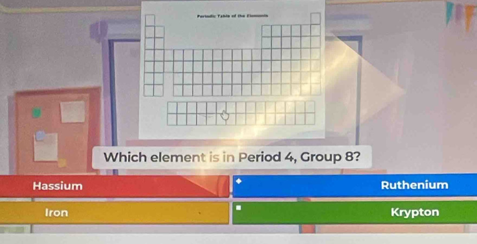 Perindic Table of the Elemonts
Which element is in Period 4, Group 8?
Hassium Ruthenium
.
Iron Krypton