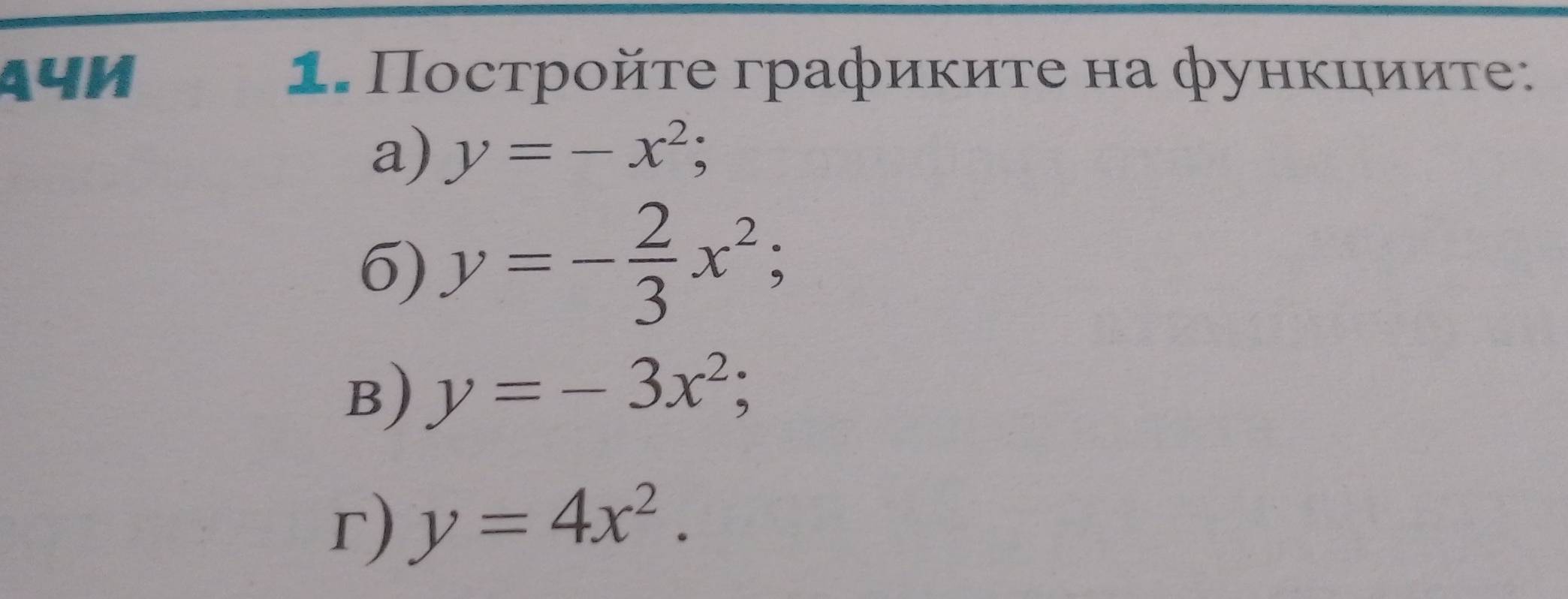 441 1. Πострοйτе графиκиτе на фунκиииτе: 
a) y=-x^2; 
6) y=- 2/3 x^2; 
B) y=-3x^2; 
r) y=4x^2.