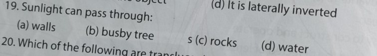 (d) It is laterally inverted
19. Sunlight can pass through:
(a) walls (b) busby tree s (c) rocks (d) water
20. Which of the following are tran