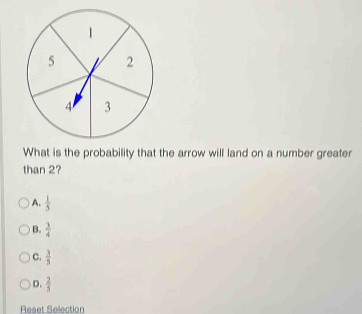 What is the probability that the arrow will land on a number greater
than 2?
A.  1/5 
B.  3/4 
C.  3/5 
D.  2/5 
Reset Selection