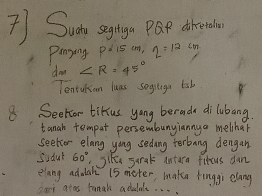 Sudto segingn P dretadon 
Panging D=15 m, 2=12cm
dan ∠ R=45°
Tentakan luas segitiga tsb 
8 Seetor tikus. yang berada dilubang. 
tanah tempat persembunyiannya melchat 
seekor elang yong sedang terbang dengan 
Sudut 60° jike jarak antara fikcus dan 
elang adalah 15s meter, maka finggi elang 
darr afas ranak adulals. . . .