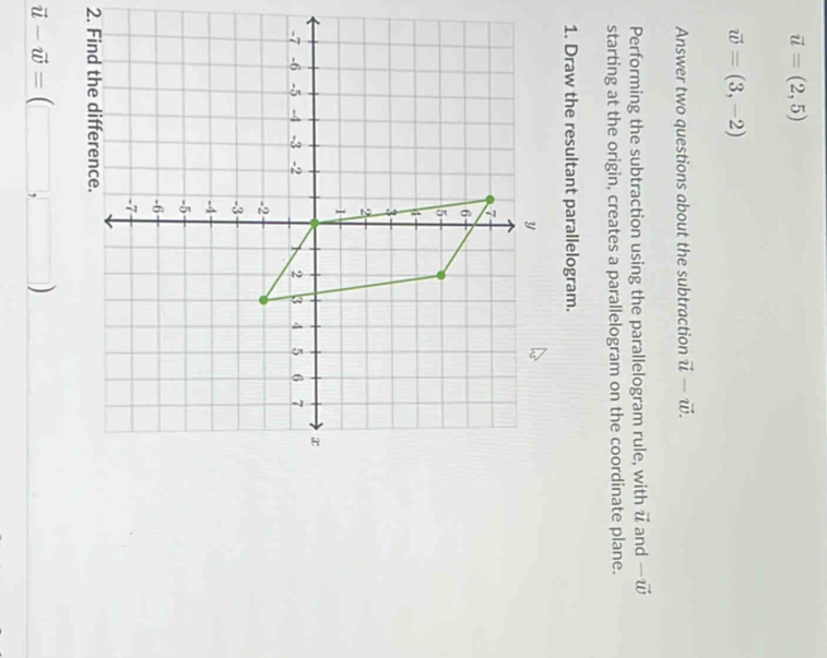 vector u=(2,5)
vector w=(3,-2)
Answer two questions about the subtraction vector u-vector w. 
Performing the subtraction using the parallelogram rule, with vector u and -vector w
starting at the origin, creates a parallelogram on the coordinate plane. 
1. Draw the resultant parallelogram. 
2. Find the difference.
vector u-vector w=(□ ,□ )