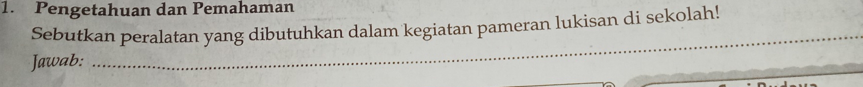 Pengetahuan dan Pemahaman 
Sebutkan peralatan yang dibutuhkan dalam kegiatan pameran lukisan di sekolah! 
Jawab: 
_