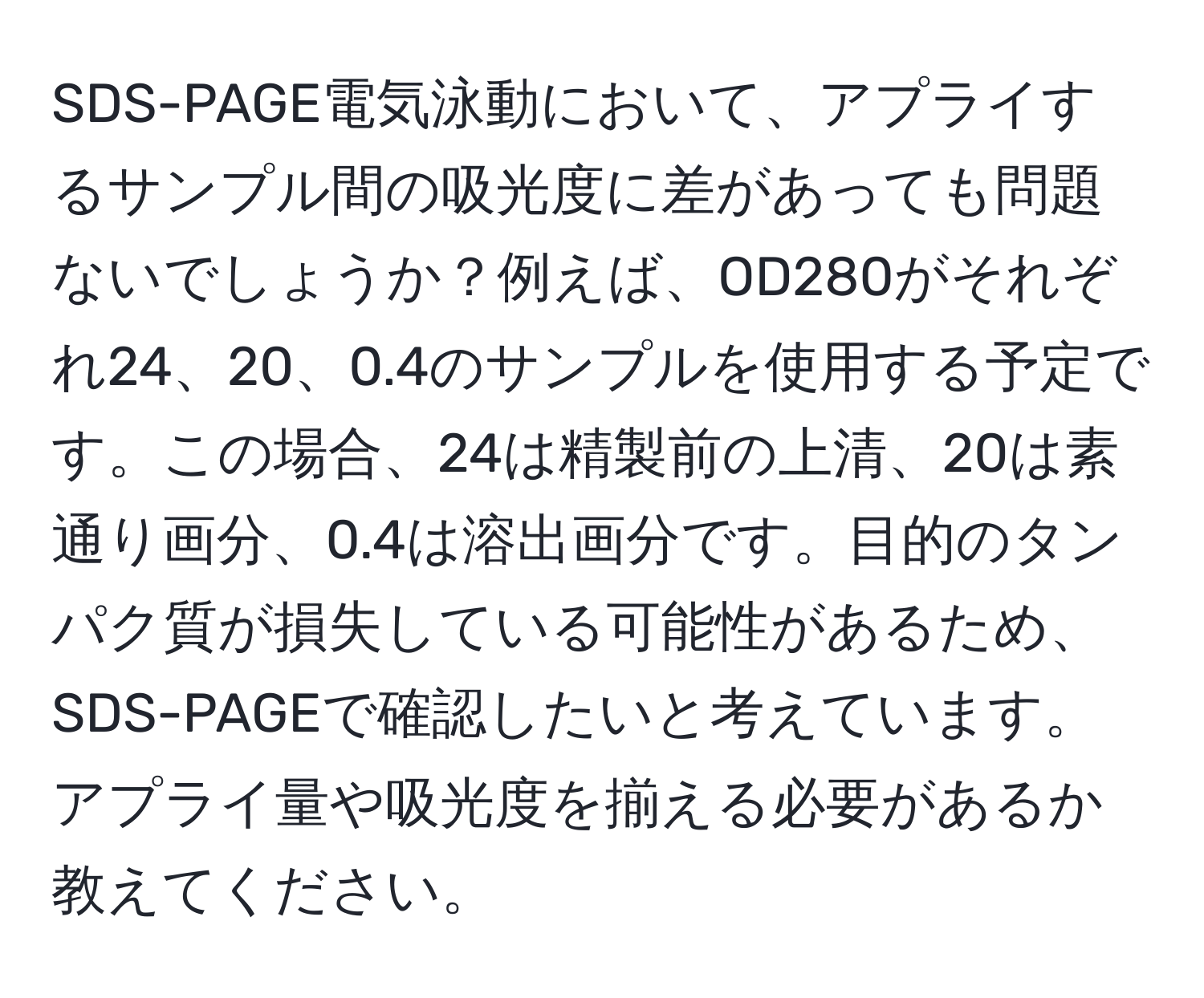 SDS-PAGE電気泳動において、アプライするサンプル間の吸光度に差があっても問題ないでしょうか？例えば、OD280がそれぞれ24、20、0.4のサンプルを使用する予定です。この場合、24は精製前の上清、20は素通り画分、0.4は溶出画分です。目的のタンパク質が損失している可能性があるため、SDS-PAGEで確認したいと考えています。アプライ量や吸光度を揃える必要があるか教えてください。