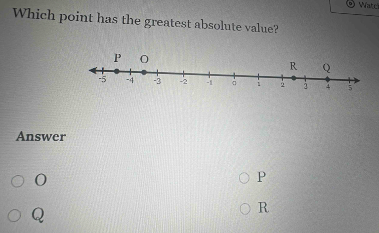 Watcl 
Which point has the greatest absolute value? 
Answer
0
P
Q
R