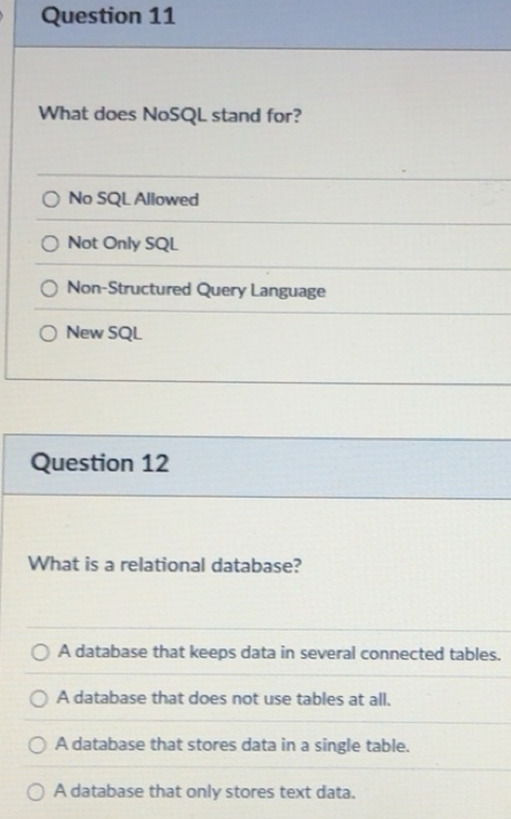 Solved: What does NoSQL stand for? No SQL Allowed Not Only SQL Non ...