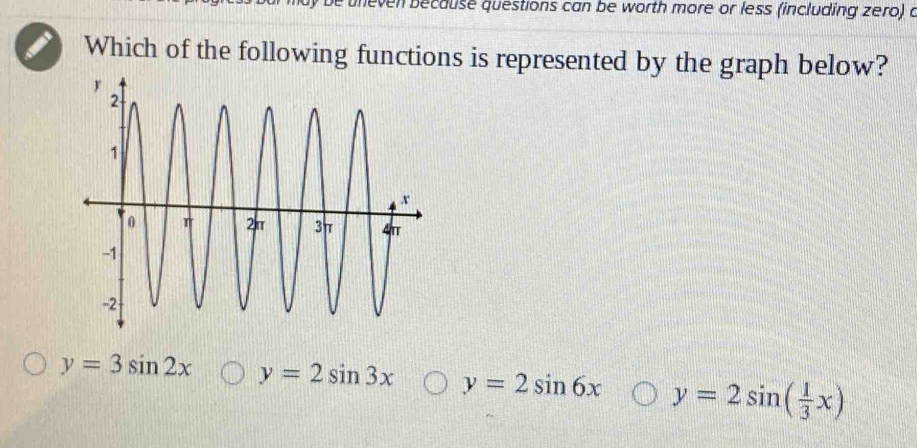 be uneven because questions can be worth more or less (including zero) a
Which of the following functions is represented by the graph below?
y=3sin 2x y=2sin 3x y=2sin 6x y=2sin ( 1/3 x)