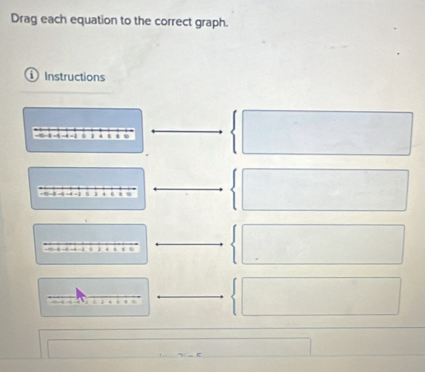 Drag each equation to the correct graph. 
D Instructions
-4 -2 4 6 . 10
□
- -4 = 2 0 2 4 6 B u 
□