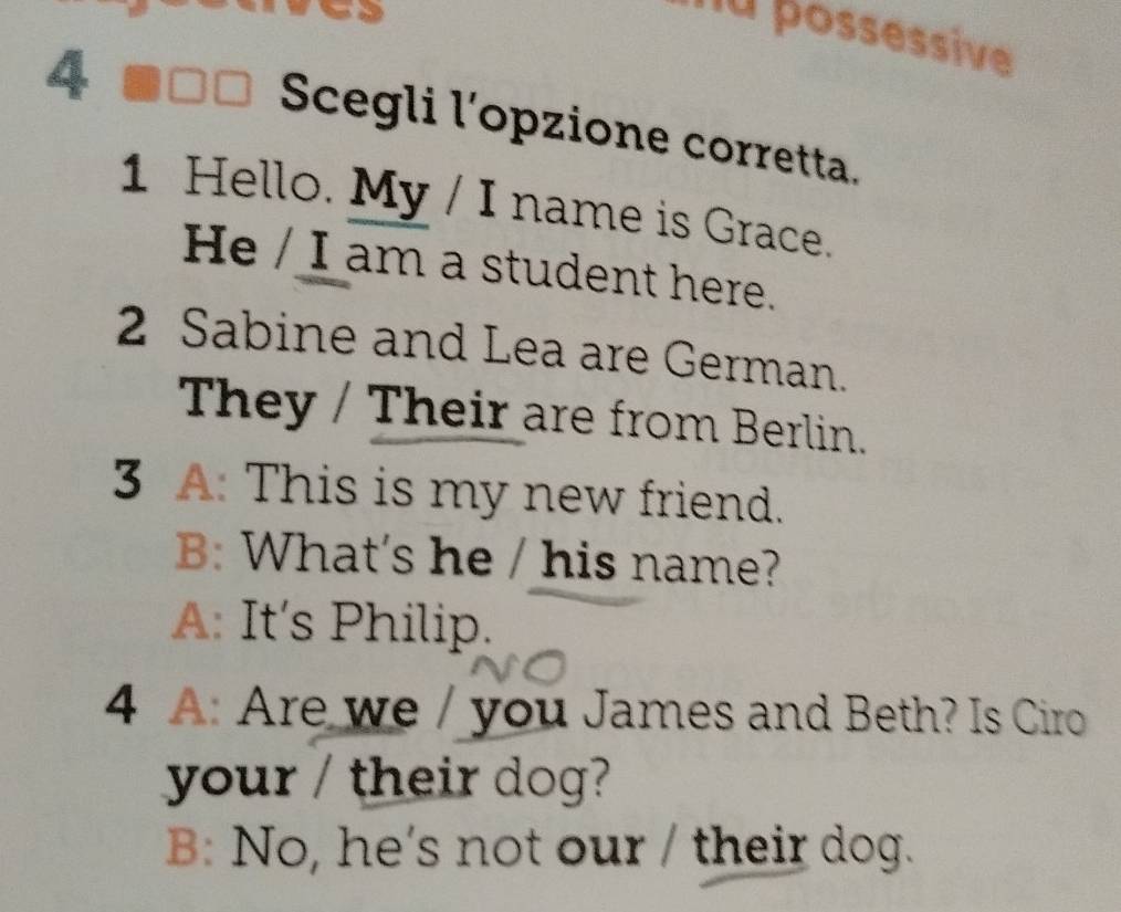 nu possessive 
4 Ar Scegli l’opzione corretta. 
1 Hello. My / I name is Grace. 
He / I am a student here. 
2 Sabine and Lea are German. 
They / Their are from Berlin. 
3 A: This is my new friend. 
B: What's he / his name? 
A: It's Philip. 
4 A: Are we / you James and Beth? Is Ciro 
your / their dog? 
B: No, he's not our / their dog.