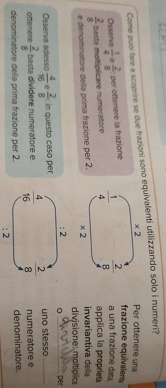 Come puoi fare a scoprire se due frazioni sono equivalenti utilizzando solo i numeri?
Per ottenere una
Osserva  1/4  e  2/8  : per ottenere la frazione
frazione equivalente
a una frazione data
 2/8  basta moltiplicare numeratore
applica la proprietà
e denominatore della prima frazione per 2.
invariantiva della
divisione: moltiplica
_per
Osserva adesso  4/16  e  2/8  : in questo caso per
uno stesso_
ottenere  2/8  basta dividere numeratore e numeratore e
denominatore della prima frazione per 2.denominatore.