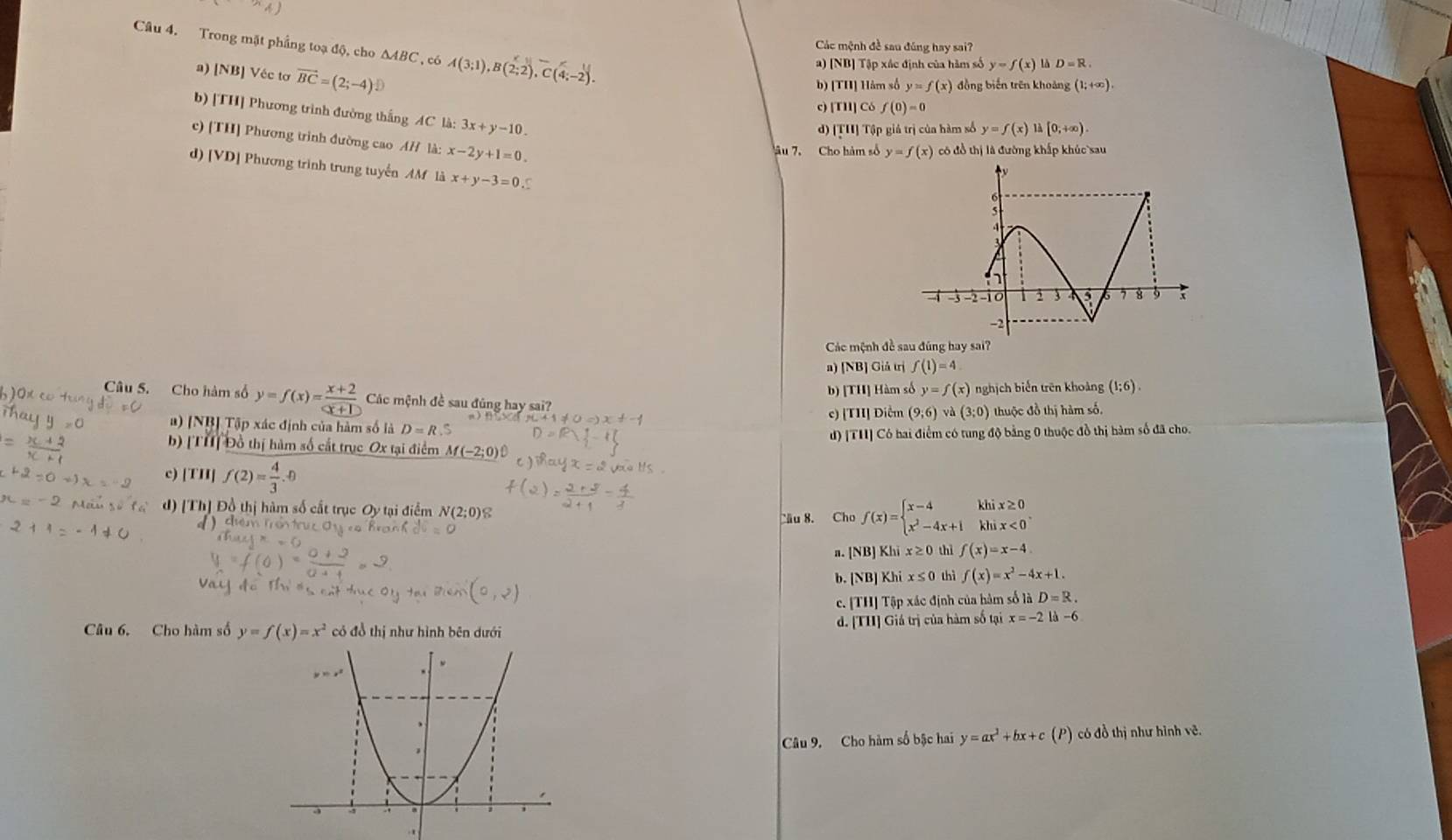 Các mệnh đề sau đúng hay sai?
Câu 4. Trong mặt phầng toạ độ, cho △ ABC , có A(3;1),B(2;2),C(4;-2). [TII] Có f(0)=0
a) [NB] Véc tơ vector BC=(2;-4)
a) [NB] Tập xác định của hàm số y=f(x)lhD=R.
b) |TI| Hàm số y=f(x) đồng biến trên khoảng (1;+∈fty ).
c)
b) |TII Phương trình đường thắng AC là: 3x+y-10.
d) TII | Tập giả trị của hàm số y=f(x)1lambda [0;+∈fty ).
c) [ T_II Phương trình đường cao AH là: x-2y+1=0.
âu 7, Cho hàm số y=f(x) có đồ thị là đường khấp khúc sau
d) (VD) Phương trình trung tuyển AM là x+y-3=0.C
Các mệnh đề sau đúng hay sai?
a) [NB] Giả trị f(1)=4
b) [TII] Hàm số y=f(x) nghịch biến trên khoảng (1;6).
Câu S. Cho hàm số y=f(x)= (x+2)/x+1  Các mệnh đề sau đúng hay sai?
c) TII] Diễm (9;6) và (3;0) thuộc đồ thị hàm số.
a) [NB] Tập xác định của hàm số là D=R.S
d) |overline I|| Có hai điểm có tung độ bằng 0 thuộc đồ thị hàm số đã cho.
b) [TH] Đồ thị hàm số cắt trục Ox tại điểm M(-2;0)
c) [TH] f(2)= 4/3 . D
d) [Th] Đồ thị hàm số cất trục Oy tại điểm N(2;0)
Cầu 8. Cho f(x)=beginarrayl x-4khix≥ 0 x^2-4x+1khix<0endarray. .
a. [NB]F h x≥ 0 thì f(x)=x-4
b. [NB]Khix≤ 0 thì f(x)=x^2-4x+1.
c. |TII] Tập xác định của hàm số iiD=R.
Câu 6. Cho hàm số y=f(x)=x^2 có đồ thị như hình bên dưới d. [TH] Giá trị của hàm số tại x=-21a-6
Câu 9. Cho hàm số bậc hai y=ax^2+bx+c (P) có đồ thị như hình vẽ.