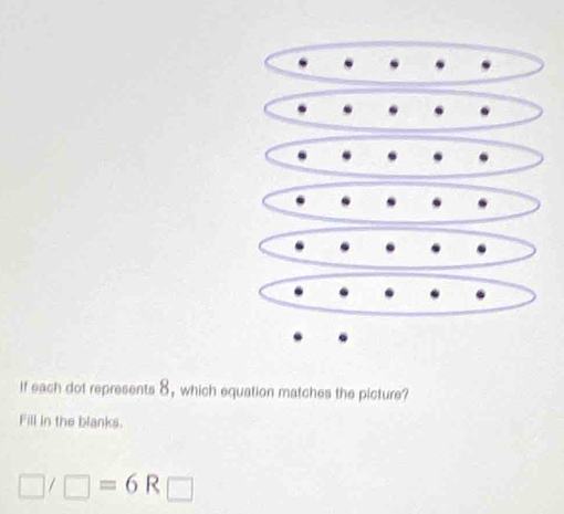 If each dot represents 8, which equation matches the picture? 
Fill in the blanks.
□ /□ =6R □