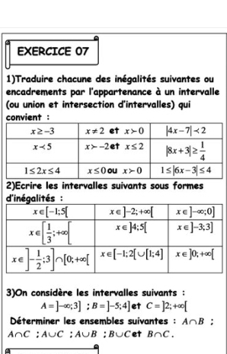 1)Traduire chacune des inégalités suivantes ou
encadrements par l'appartenance à un intervalle
(ou union et intersection d'intervalles) qui
convient :
2)Ecrire les intervalles suivants sous formes
d'inégalités :
3)On considère les intervalles suivants :
A=]-∈fty ;3];B=]-5;4] et C=]2;+∈fty [
Déterminer les ensembles suivantes : A∩ B :
A∩ C:A∪ C:A∪ B:B∪ C et B∩ C.