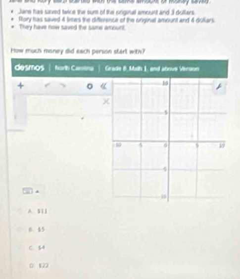 snd kory sard sarate whch this cams ambunt of maney save .
Jane has saved twice the sum of the orginal amount and 3 doltars.
fory has saved 4 times the difference of the onginal amount and 4 dollars.
They have now saved the same amount.
How much maney did each persion start with?
desmos forth Camtina
A. S11
0、 15
C. 54
522