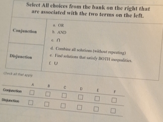 Select All choices from the bank on the right that
are associated with the two terms on the left.
a. O
Conjunction b. AND
c. ∩
d. Combine all solutions (without repeating)
e. Find solutions that satisfy BOTH inequalities.
Disjunction L U
Check al that apply
D