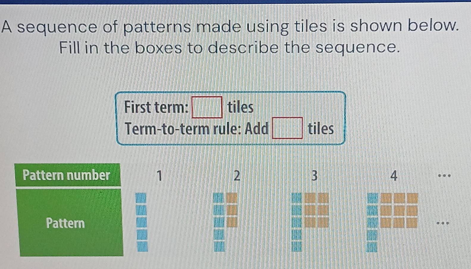 Solved: A sequence of patterns made using tiles is shown below. Fill in ...