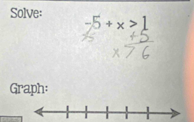 Solve:
-5+x>1
Graph: