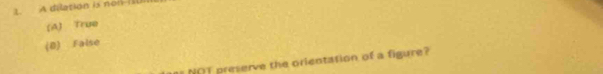 A dilation is now(IU
(A) True
(B) False
NOT preserve the orlentation of a figure?