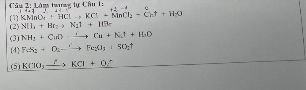 Làm tượng tự Câu 1:
(1) K KMnO₄ + HCl → KCl + MnCl₂ + Čl₂↑ + H₂O
(2) NH_3+Br_2to N_2uparrow +HBr
(3) NH_3+CuOxrightarrow I°Cu+N_2uparrow +H_2O
(4) FeS_2+O_2to Fe_2Fe_2O_3+SO_2uparrow
(5) KClO_3xrightarrow I°KCl+O_2uparrow