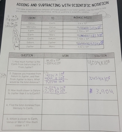 ADDING AND SUBTRACTING WITH SCIENTIFIC NOTATION
The table shows distances between different planets in our solar system. Use the table to help
you answer the questions that follow. Write all sclutions in scientific nocation.