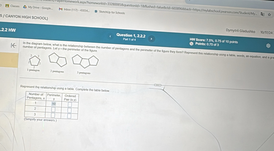 h/PlayerHomework.aspx?homeworkId=33280085&questionId=18flushed=false&cld=603896&back=https://mylabschool.pearson.com/Student/My.
Classes My Drive - Google...  lnbox (117) - 43034... SketchUp for Schools
5 / CANYON HIGH SCHOOL) Dymytrii Gladushko 10/17/24
2.2 HW
Question 1, 2.2.2 HW Score: 7.5%, 0.75 of 10 points
Part 1 of 4 Points: 0.75 of 3
number of pentagons. Let y=thc perimeter of the figure.
In the diagram below, what is the relationship between the number of pentagons and the perimeter of the figure they form? Represent this relationship using a table, words, an equation, and a gri
2 2
2 2
2
1 pentagon 2 pentagons 3 pentagons
Represent the relationship using a table.  the table below.