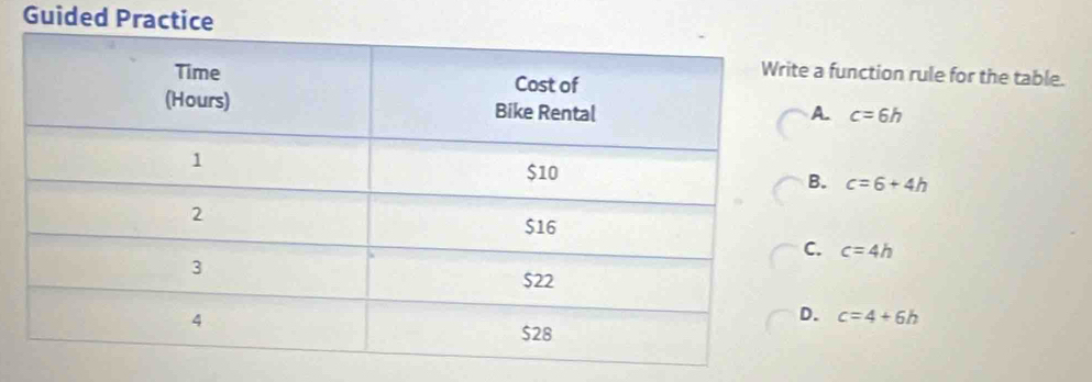 Guided Practice
a function rule for the table.
A c=6h . c=6+4h . c=4h . c=4+6h
