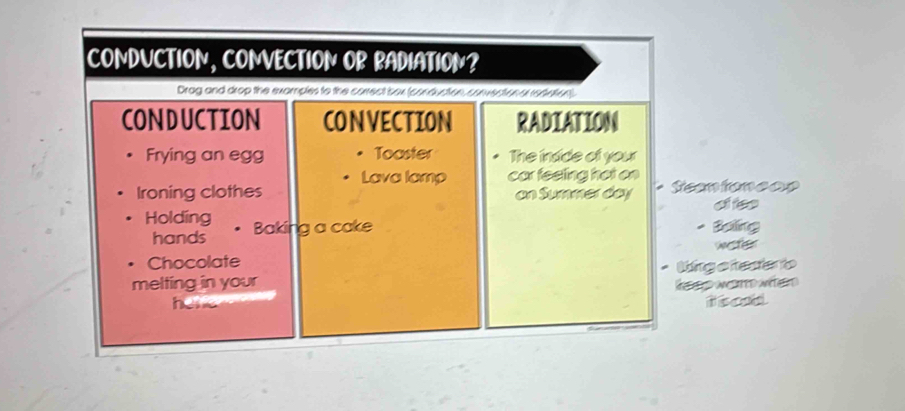 CONDUCTION, CONVECTION OR RADIATION?
Drag and drop the examples to the correct box (conduction, convection er rediation).
CONDUCTION CONVECTION RADIATION
Frying an egg Toaster The indde of your
Lava lamp car feeting hot on
Ironing clothes on Summer đay . Stcentencas
difso
Holding Baking a cake * Boling
hands weter
Chocolate
melting in your * Winge resano
hee Re o wested ard