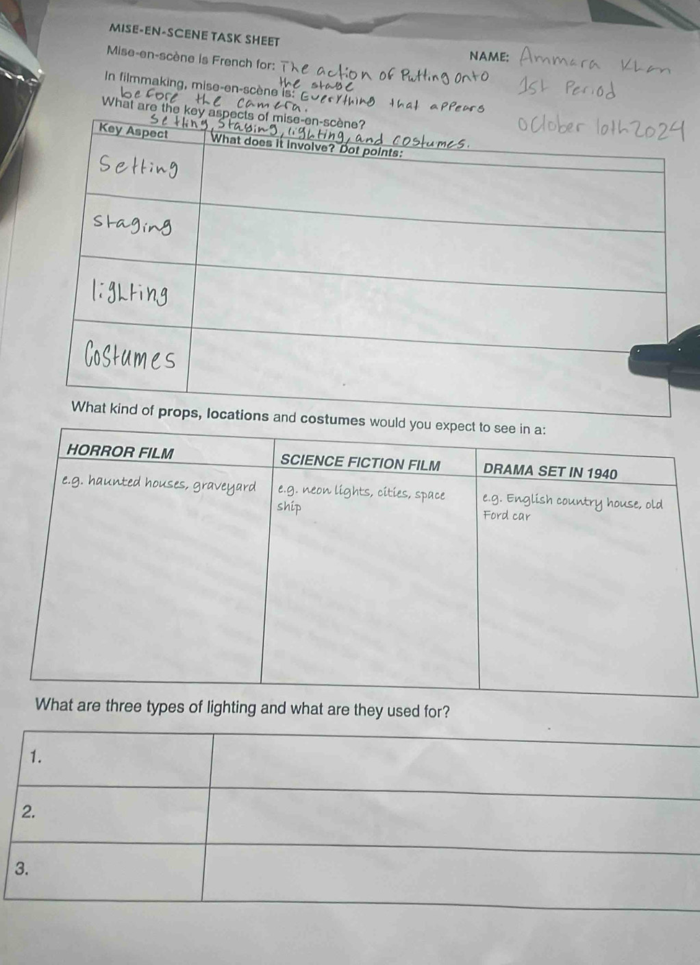 MISE-EN-SCENE TASK SHEET
NAME:
Mise-en-scène is French for:
In filmmaking, mise-en-scène is
What are the
uld you expect to see in a:
HORROR FILM SCIENCE FICTION FILM DRAMA SET IN 1940
e.g. haunted houses, graveyard e.g. neon lights, cities, space e.g. English country house, old
ship Ford car
What are three types of lighting and what are they used for?
1.
2.
3.