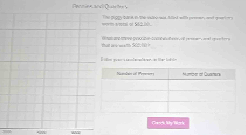 Pennies and Quarters 
he piggy bank in the video was filled with pennies and quarters 
orth a total of $62.00. 
hat are three possible combinations of pennies and quarters 
at are worth $62.00 ? 
ter your combinations in the table. 
Check My Work