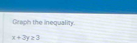 Graph the inequality.
x+3y≥ 3