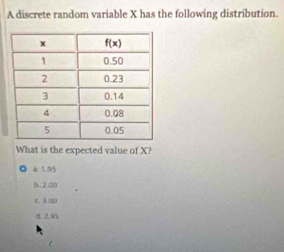 A discrete random variable X has the following distribution.
What is the expected value of X?
a 1.95
6.2:00
C 3-()
d. 2.9S