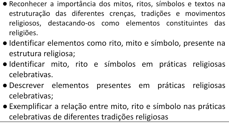 Reconhecer a importância dos mitos, ritos, símbolos e textos na 
estruturação das diferentes crenças, tradições e movimentos 
religiosos, destacando-os como elementos constituintes das 
religiões. 
Identificar elementos como rito, mito e símbolo, presente na 
estrutura religiosa; 
Identificar mito, rito e símbolos em práticas religiosas 
celebrativas. 
Descrever elementos presentes em práticas religiosas 
celebrativas; 
Exemplificar a relação entre mito, rito e símbolo nas práticas 
celebrativas de diferentes tradições religiosas