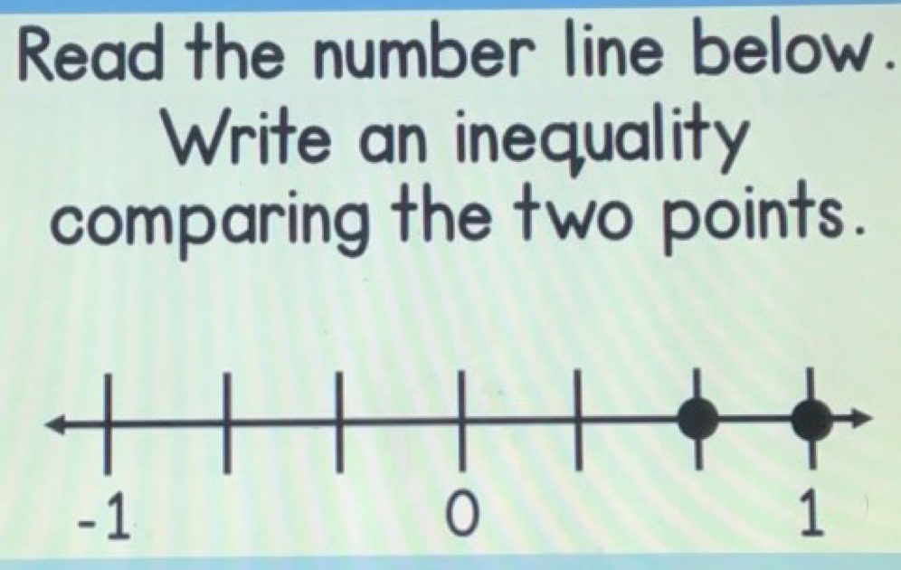 Read the number line below. 
Write an inequality 
comparing the two points.