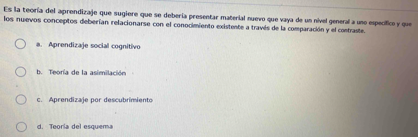 Es la teoría del aprendizaje que sugiere que se debería presentar material nuevo que vaya de un nivel general a uno específico y que
los nuevos conceptos deberían relacionarse con el conocimiento existente a través de la comparación y el contraste.
a. Aprendizaje social cognitivo
b. Teoría de la asimilación
c. Aprendizaje por descubrimiento
d. Teoría del esquema