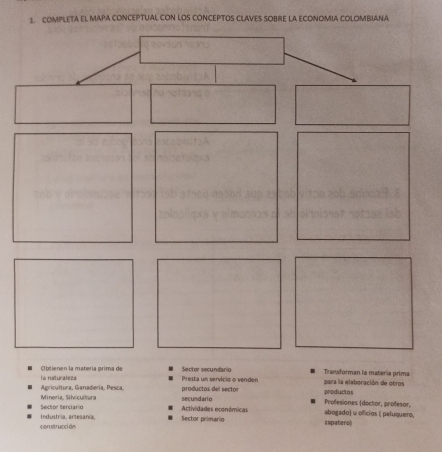 COMPLETA EL MAPA CONCEPTUAL CON LOS CONCEPTOS CLAVES SOBRE LA ECONOMIA COLOMBIANA 
Sector secundario 
Obtienen la matería prima de Presta um servício o venden para la elaboración de otros Transforman la matería prima 
Agricultura, Ganadería, Pesca, la naturaleza 
productos del sector Profesiones (doctor, profesor, 
Sector Serciario Mineria, Sivicultura secundario productó 
Actividades econémicas abogado) u oficios ( peluquero, 
con strucci ón Industria, artesanía. Sector primario zapatero)