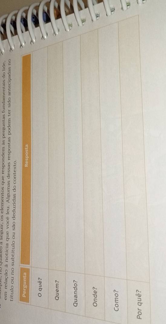 quadro a seguir, os elementos que respondem às perguntas fundamentais do lide. 
em relação à notícia que você leu. Algumas dessas respostas podem ter sido antecipadas no 
título ou no subtítulo ou são deduzidas do contexto. 
P